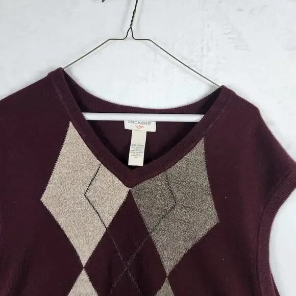 Dockers Maroon Argyle Sweater Vest Mens Size 2XL Acrylic - Picture 2 of 5